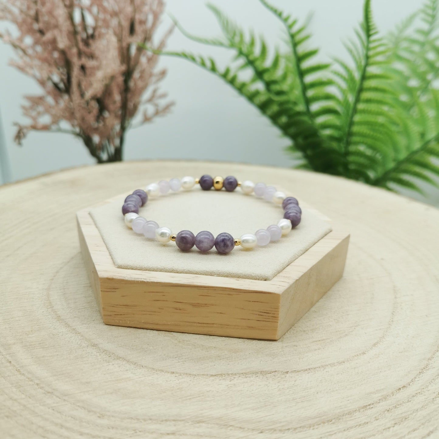 Lepidolith-Kunzit-Süßwasserperlen Armband silber/gold