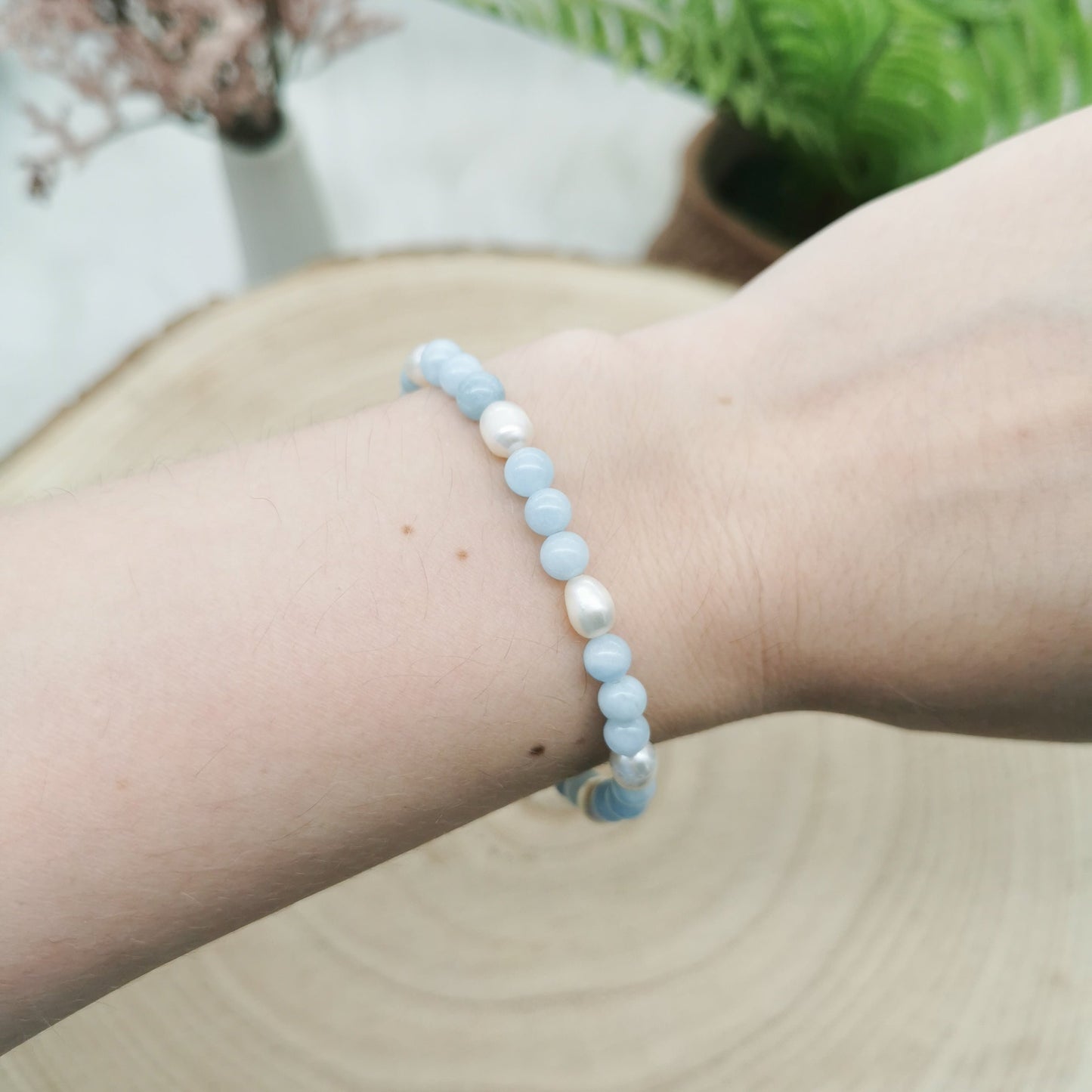 Aquamarin-Süßwasserperlen Armband silber/gold