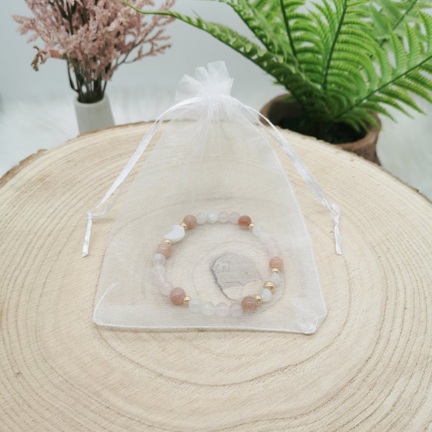 Sonnenstein-Mondstein-Rosenquarz Armband mit Perlmutt Mond