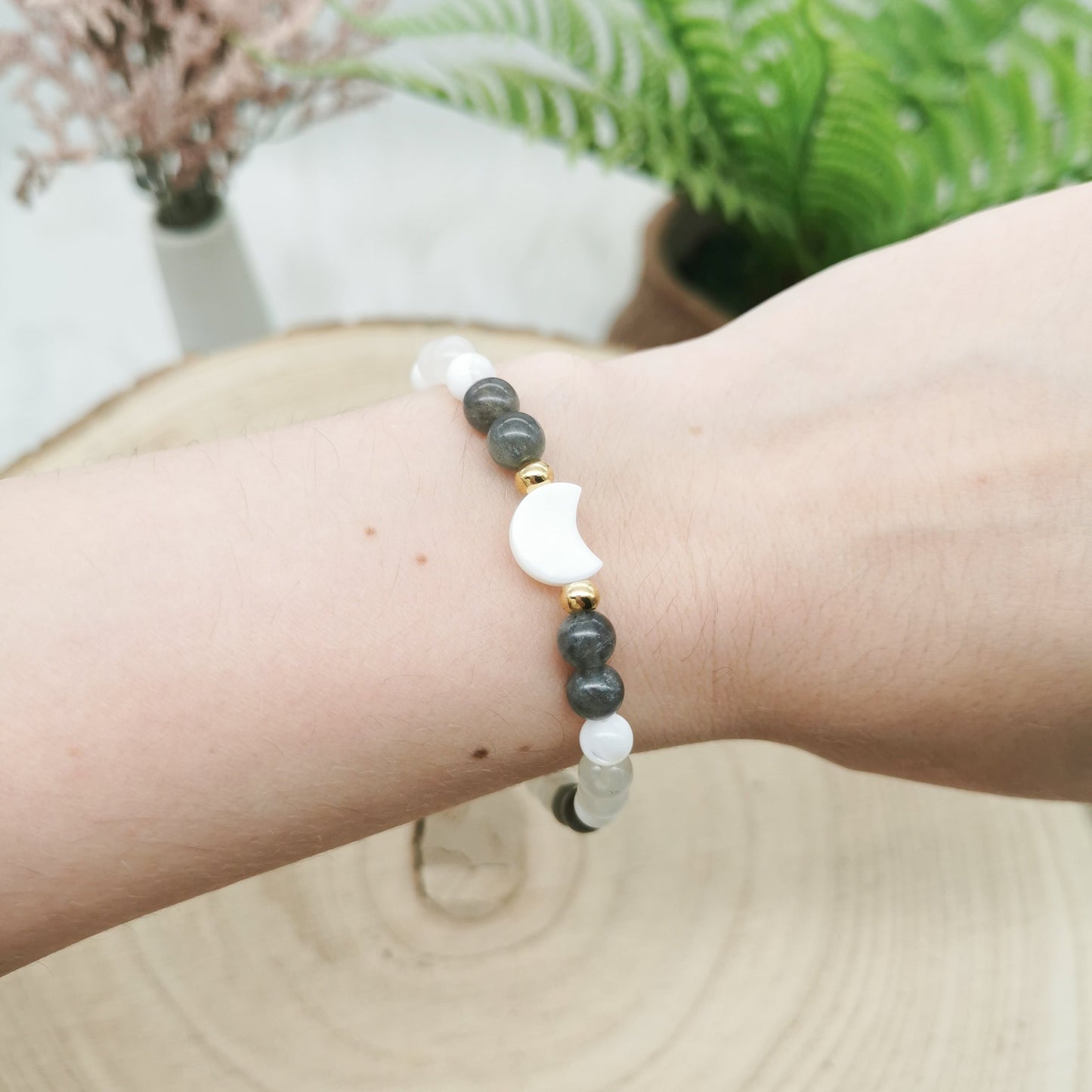 Labradorit-Mondstein-Perlmutt Armband mit Perlmutt Mond