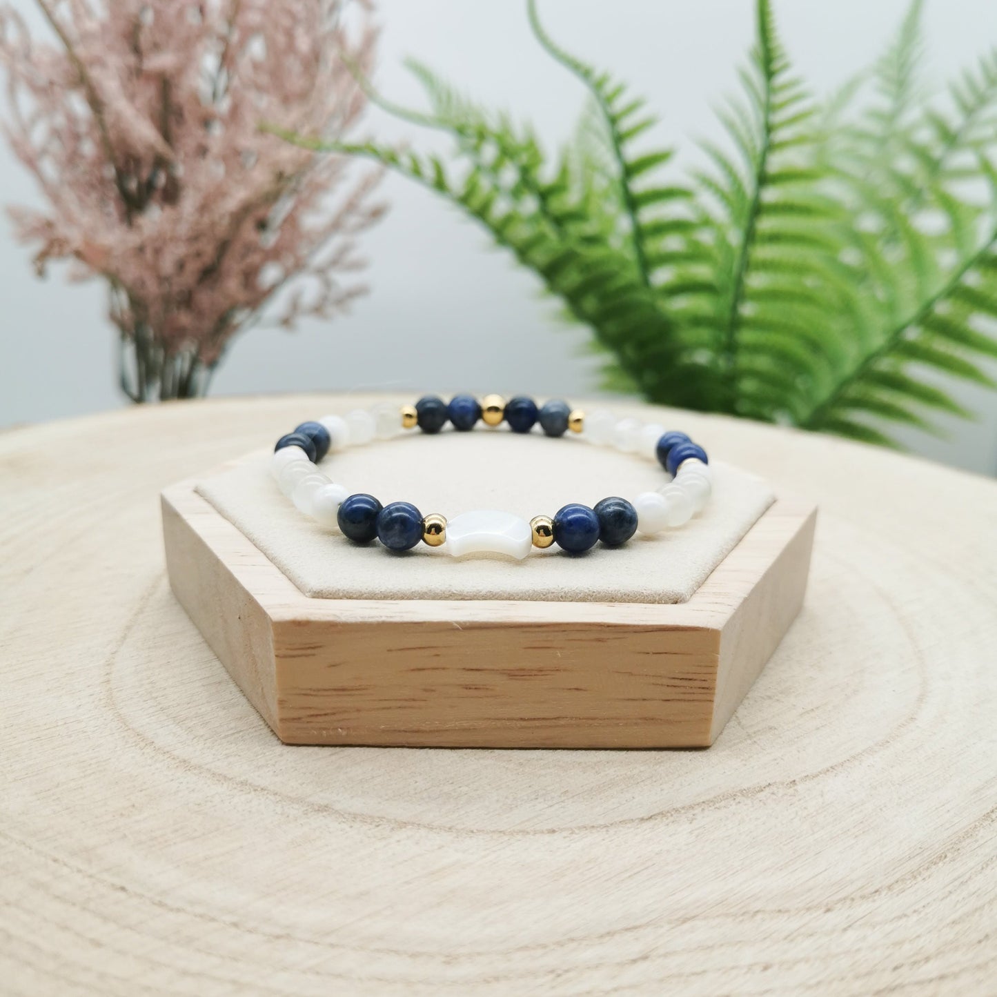 Sodalith-Mondstein-Perlmutt Armband mit Perlmutt Mond