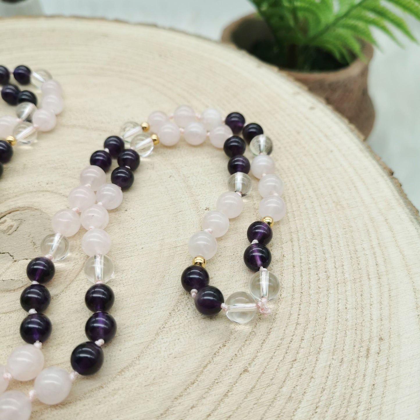 Rosenquarz-Amethyst-Bergkristall Mala Kette