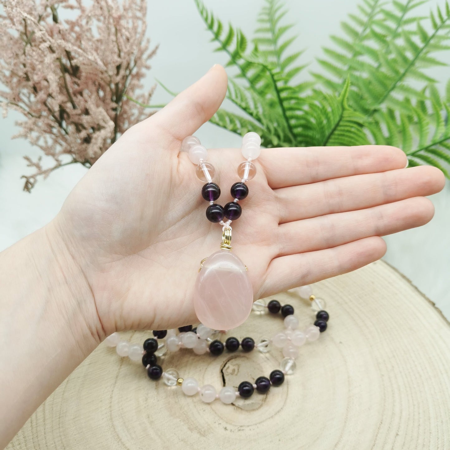 Rosenquarz-Amethyst-Bergkristall Mala Kette