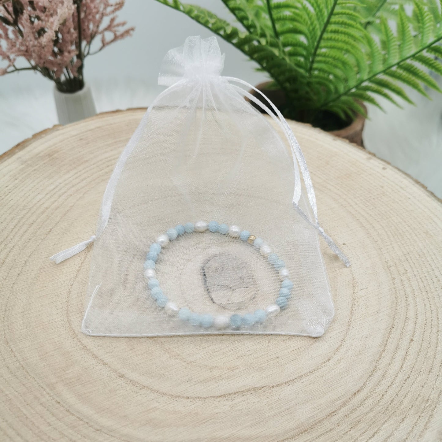 Aquamarin-Süßwasserperlen Armband silber/gold