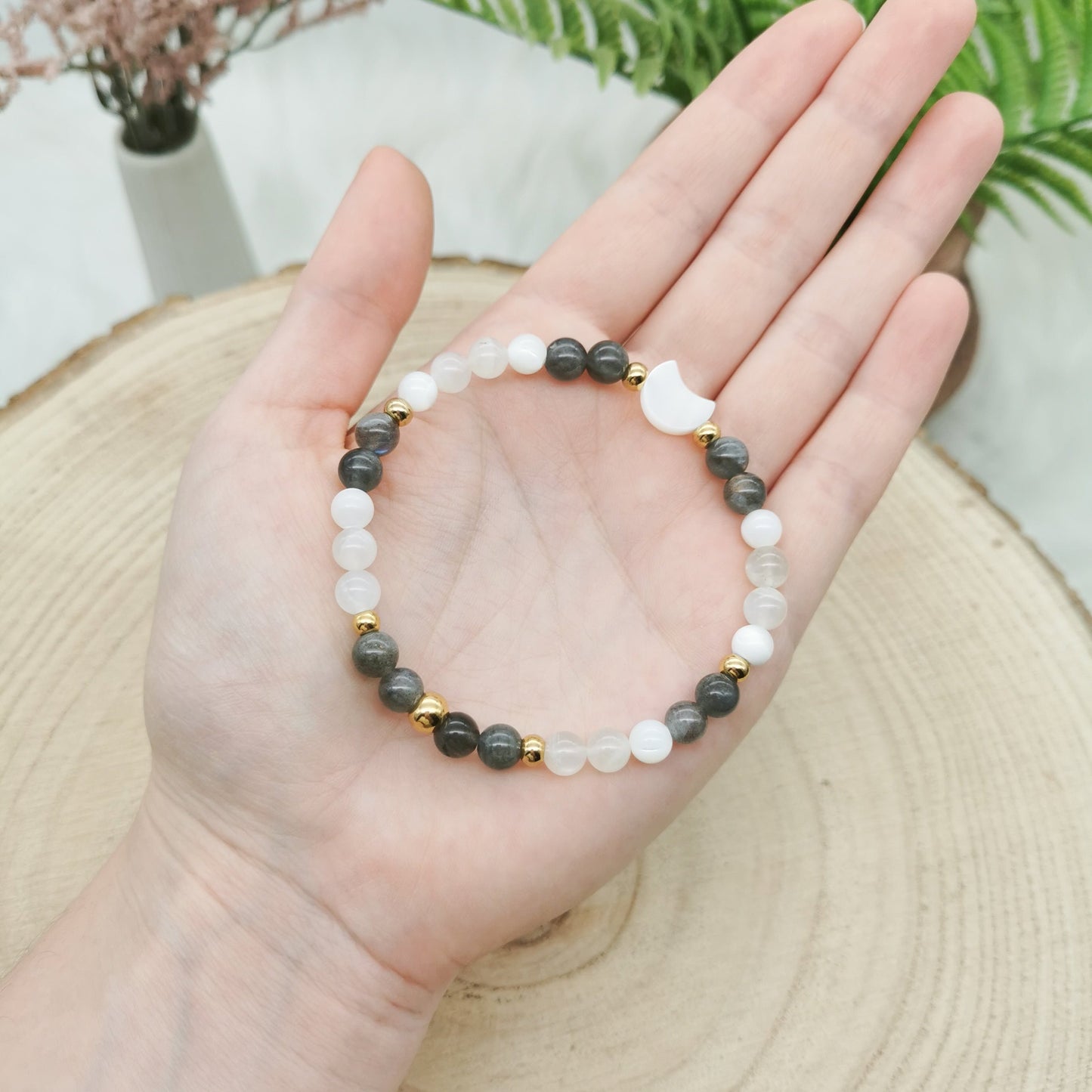 Labradorit-Mondstein-Perlmutt Armband mit Perlmutt Mond