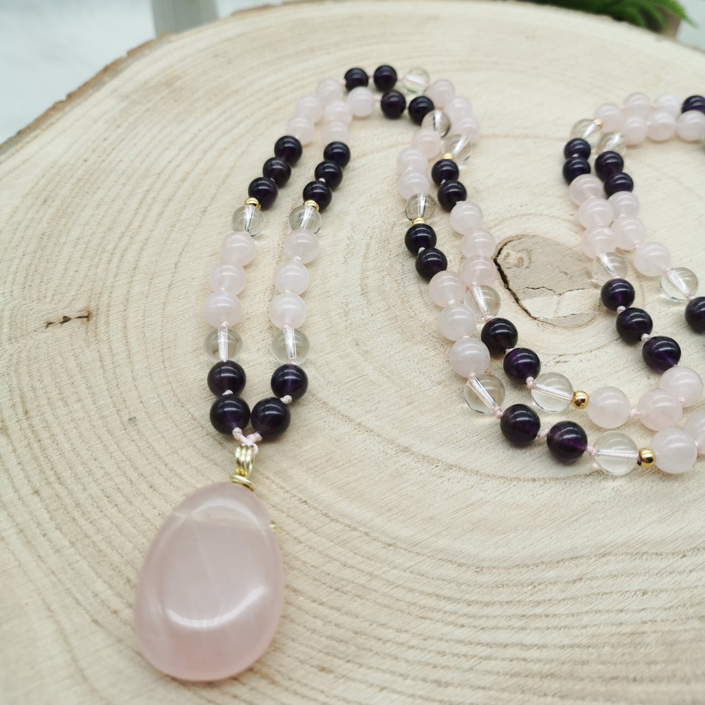 Rosenquarz-Amethyst-Bergkristall Mala Kette