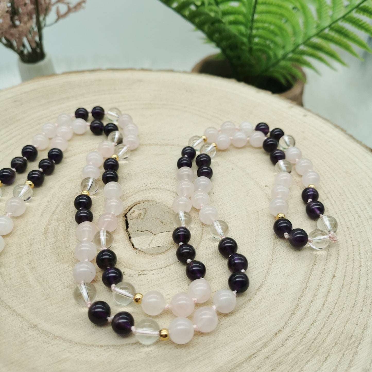 Rosenquarz-Amethyst-Bergkristall Mala Kette