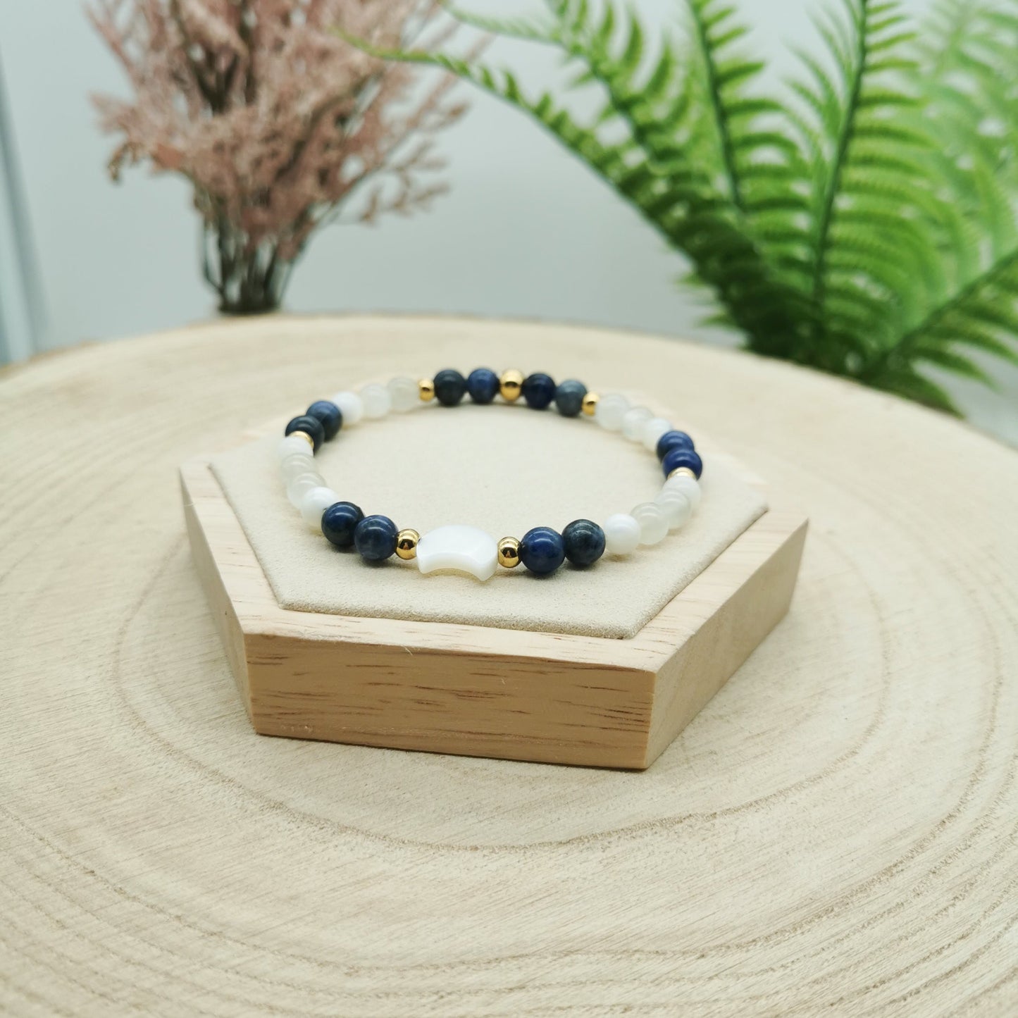 Sodalith-Mondstein-Perlmutt Armband mit Perlmutt Mond