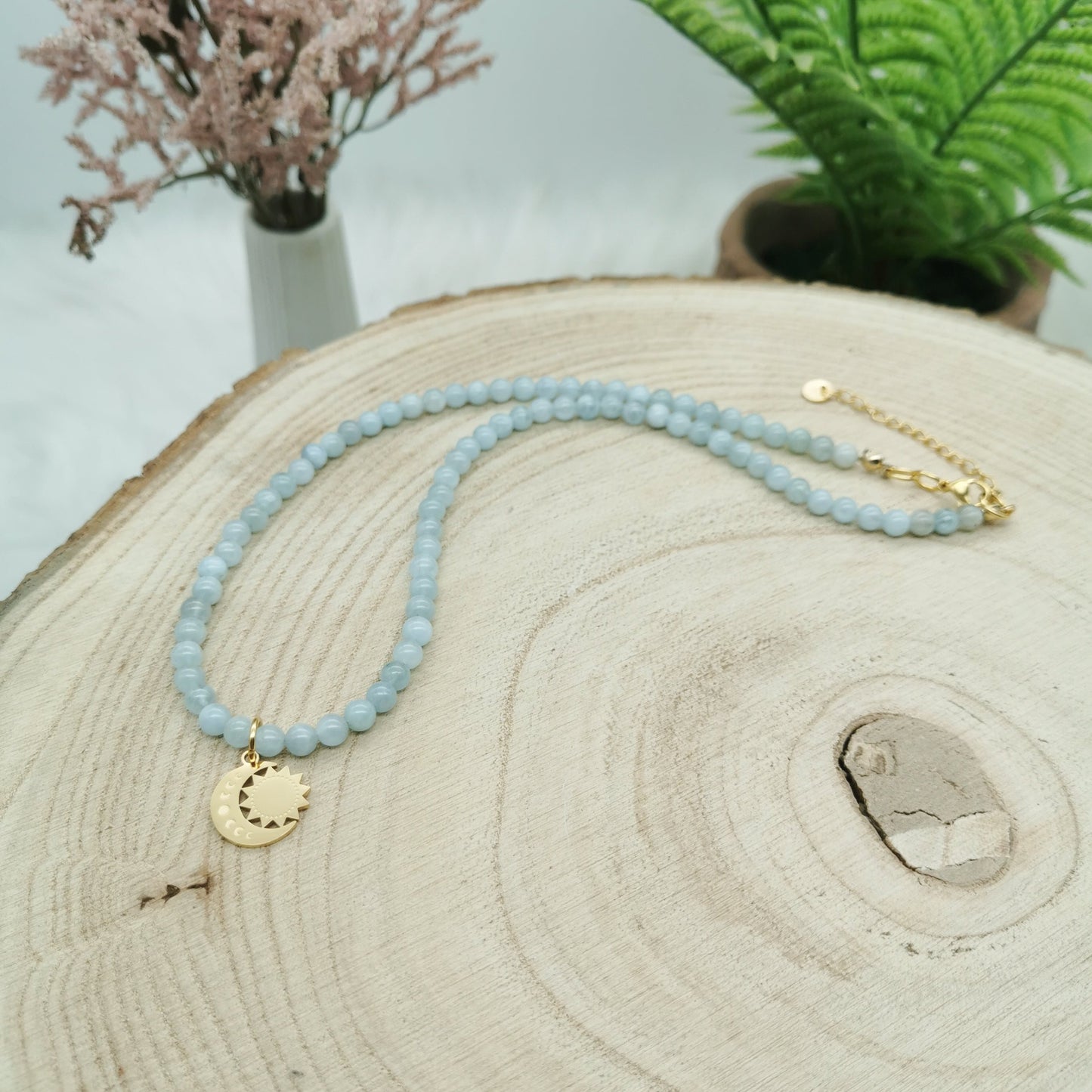 Aquamarin Kette mit Mond Anhänger