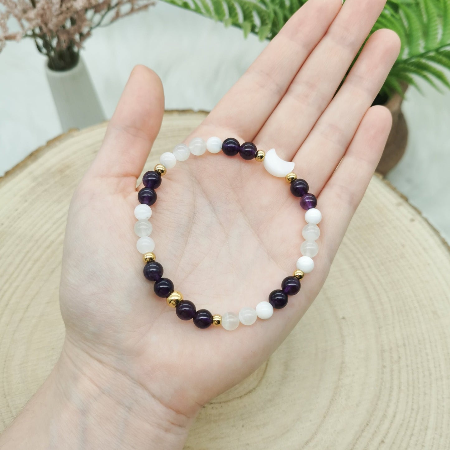 Amethyst-Mondstein-Perlmutt Armband mit Perlmutt Mond