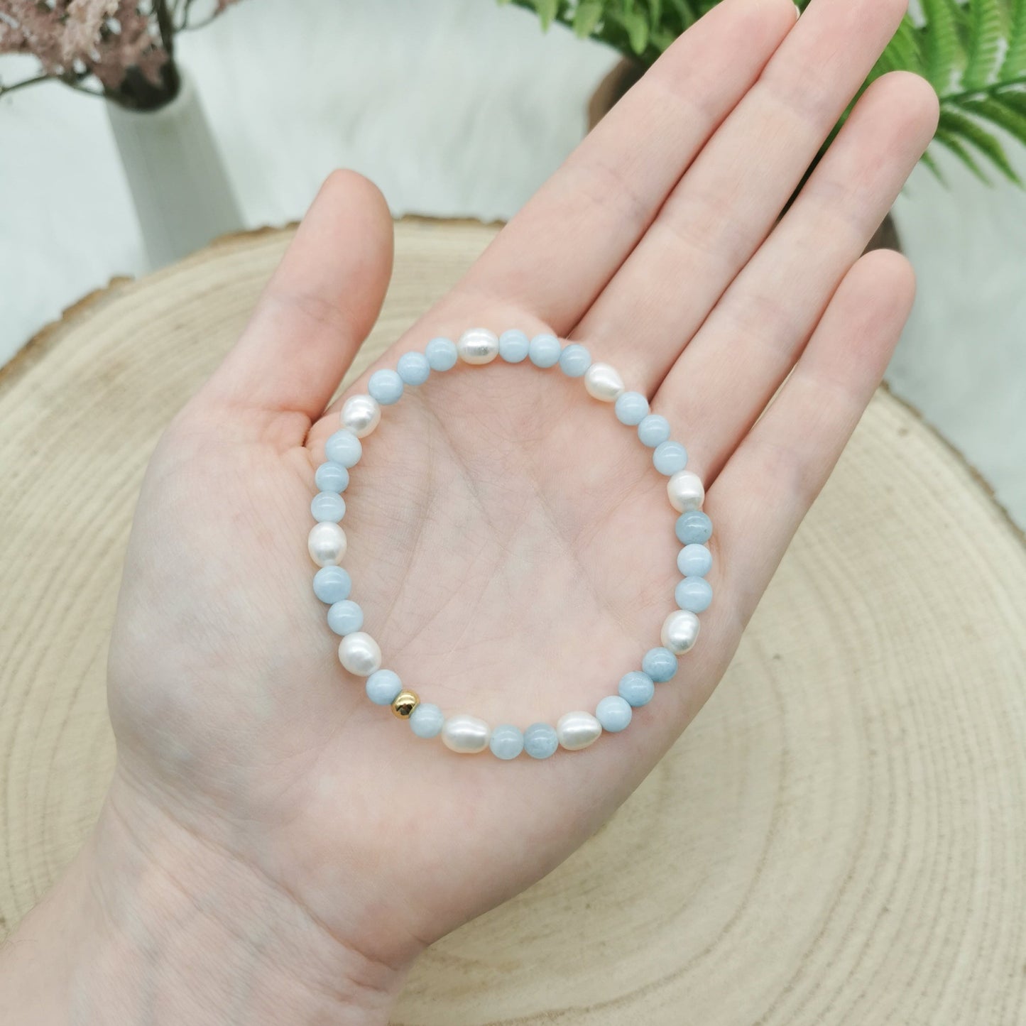 Aquamarin-Süßwasserperlen Armband silber/gold