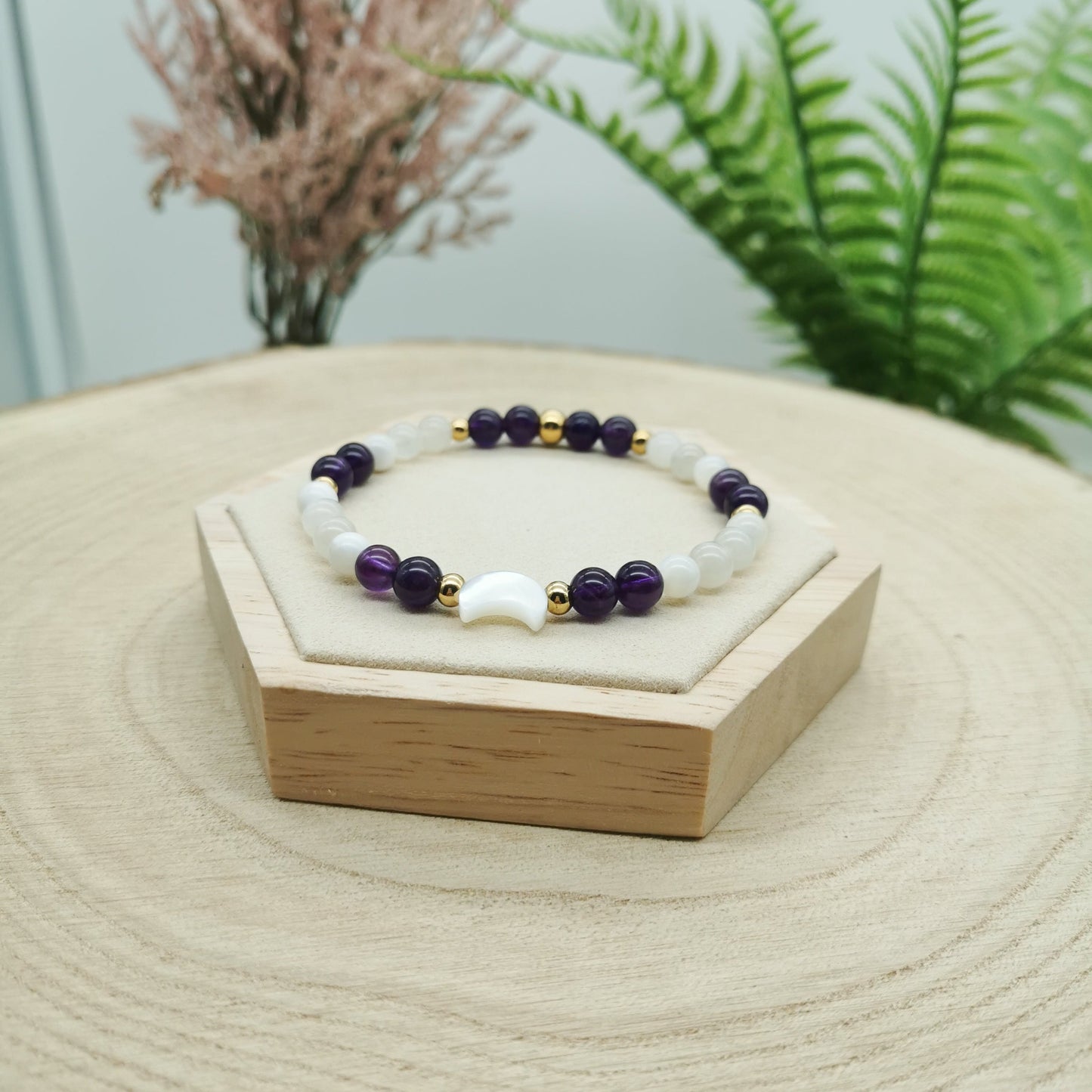 Amethyst-Mondstein-Perlmutt Armband mit Perlmutt Mond