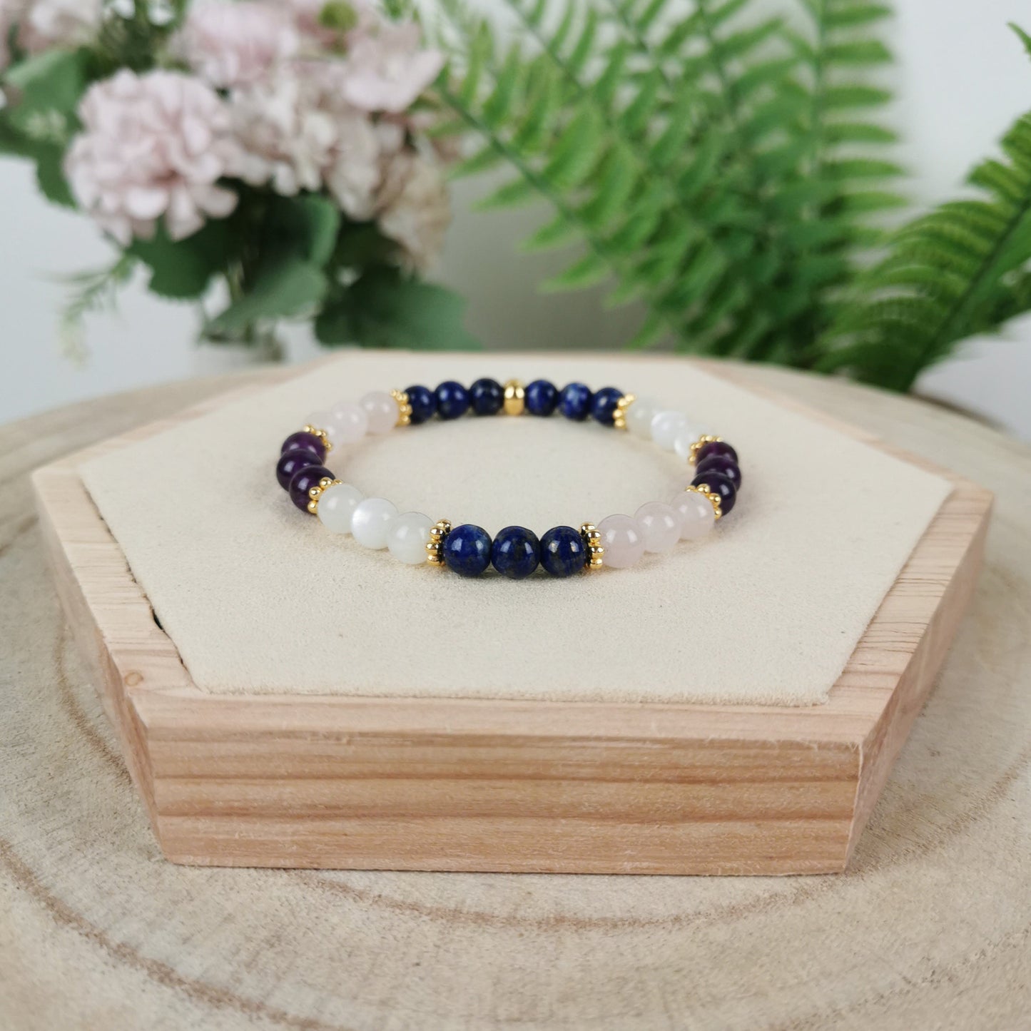 Lapislazuli-Rosenquarz-Amethyst-Mondstein Armband