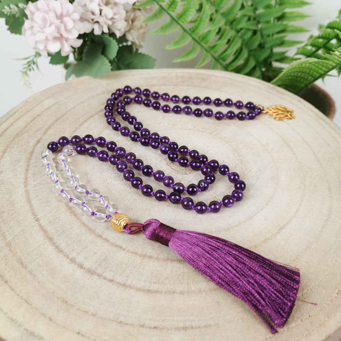 Amethyst-Bergkristall Mala Kette