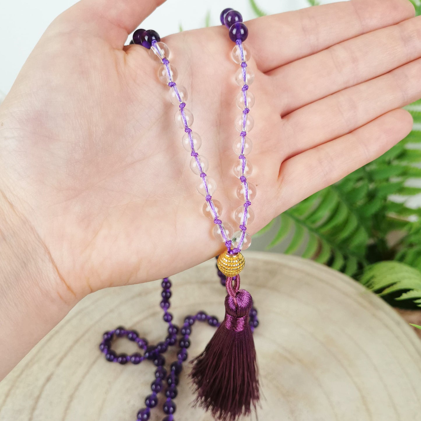 Amethyst-Bergkristall Mala Kette