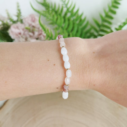 Weißer Jade-Rosenquarz-Rosa Turmalin Armband