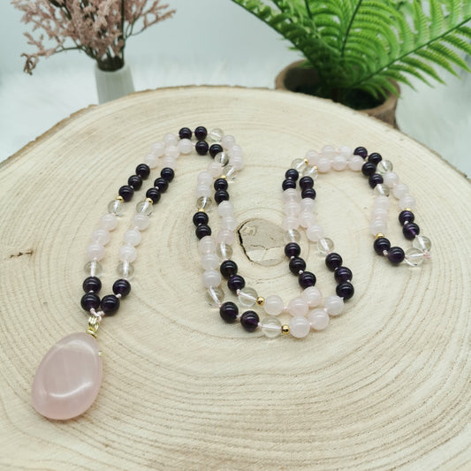 Rosenquarz-Amethyst-Bergkristall Mala Kette